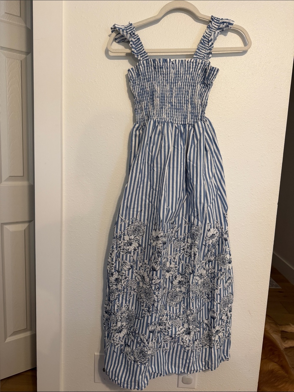Laura Ashley Blue & White Striped Floral Smocked Maxi Dress